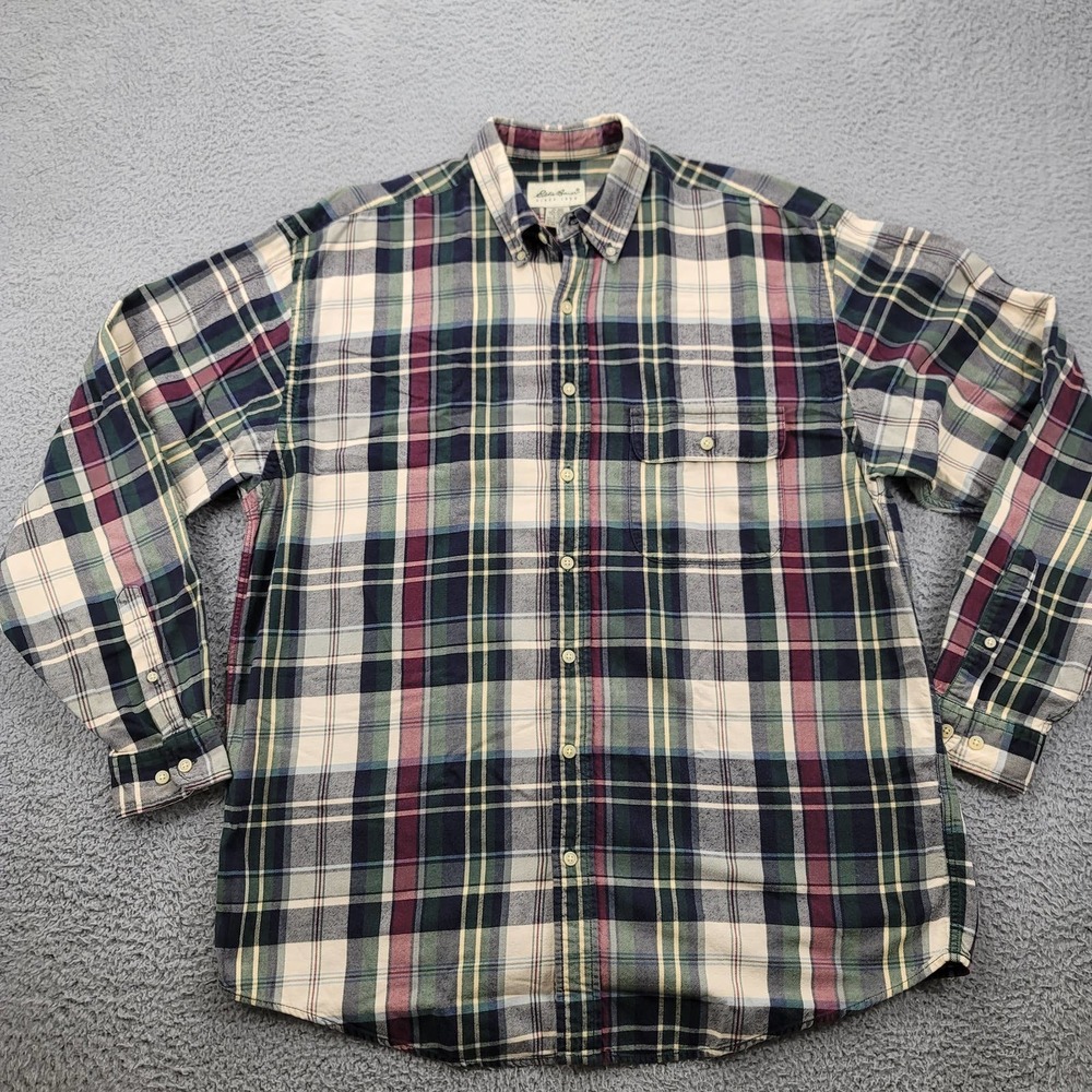 Eddie Shirt Mens‎ Large Tan red green blue plaid Button Down Flannel Outdoors